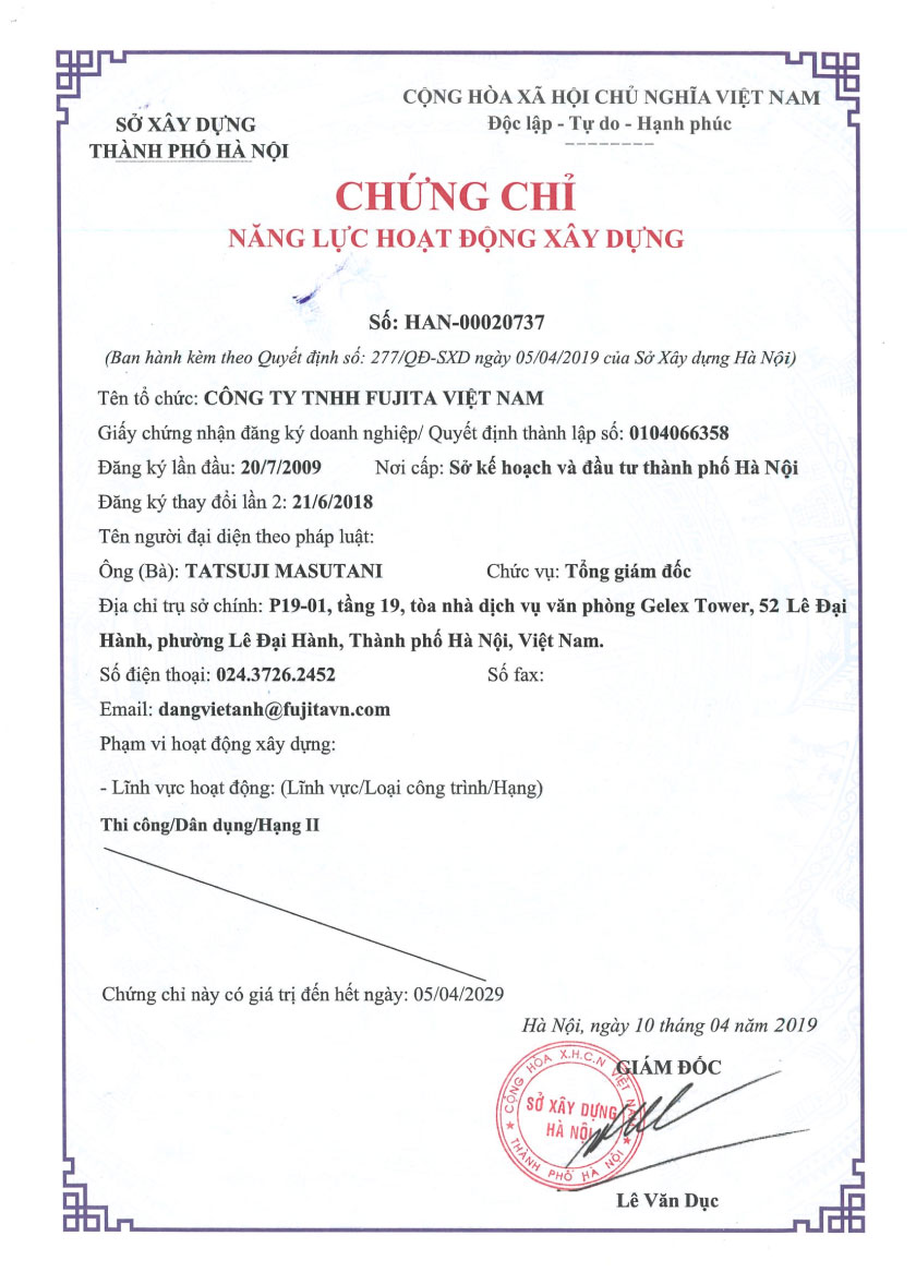 Lĩnh vực hoạt động: 
(Lĩnh vực/Loại công trình/Hạng)
Thi công/Dân dụng/ Hạng II