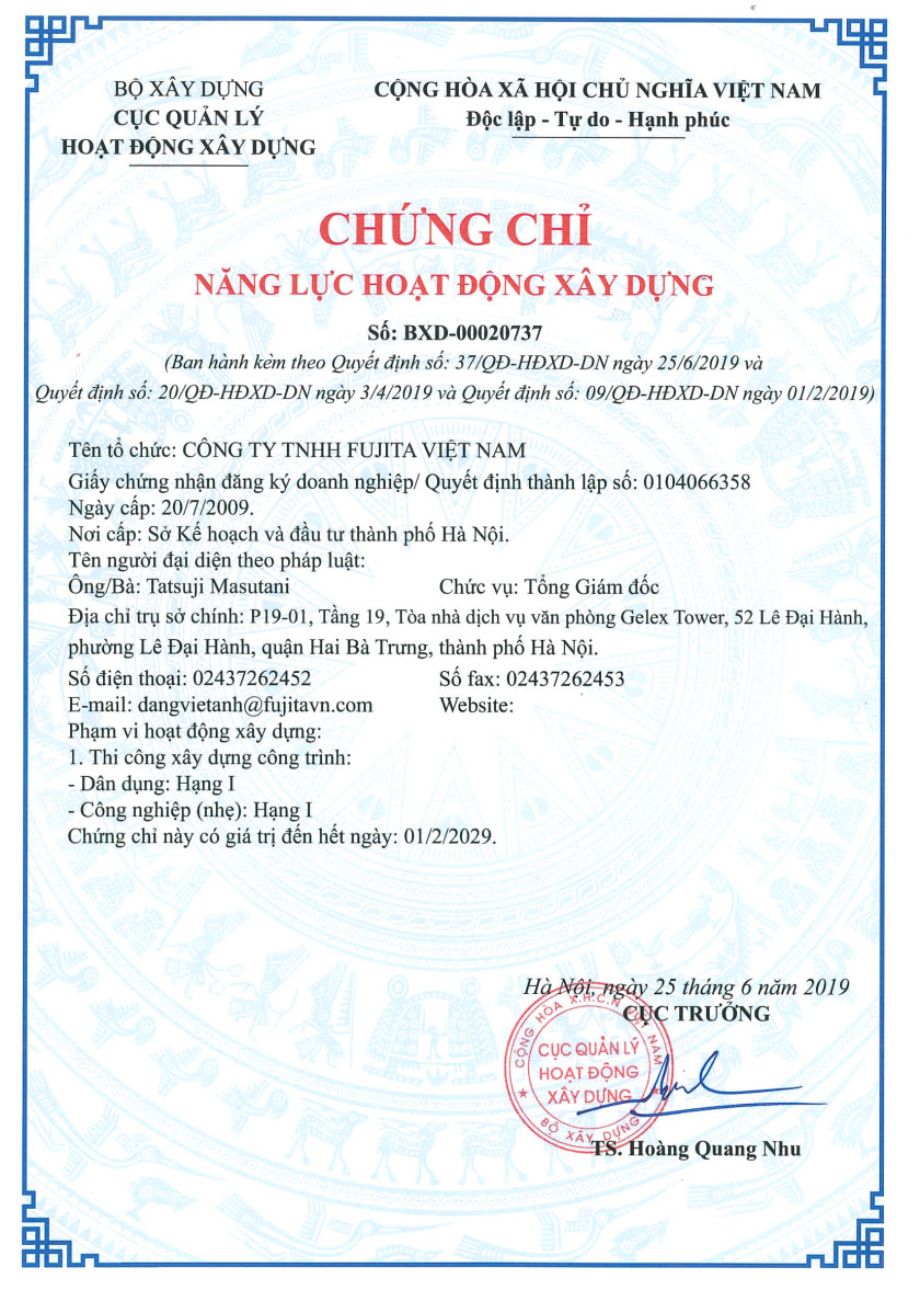 Thi công xây dựng công trình:
- Dân dụng: Hạng I
- Công nghiệp (nhẹ): Hạng I